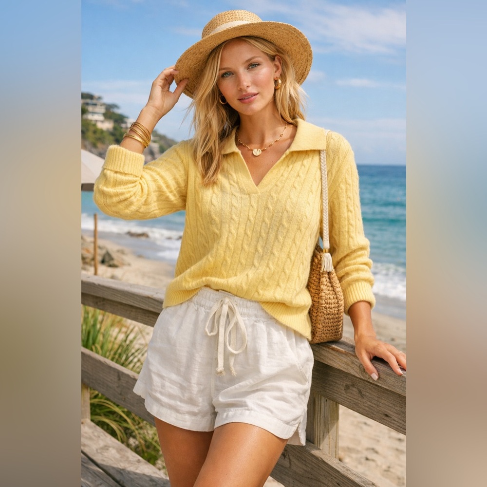 NWOT Altar’d State As Revival Butter Yellow Cable Knit Vneck Spring Sweater Sz L